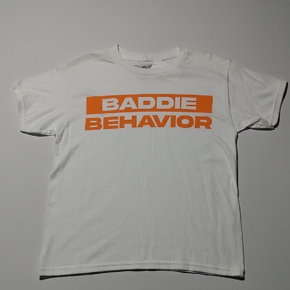 Baddie Behavior Babytee White and Orange Graphic T-Shirt Women's Size M NWT